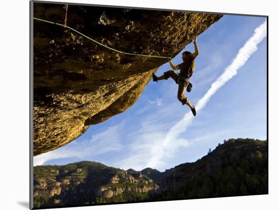Climber Tackles Difficult Route on Overhang at the Cliffs of Margalef, Catalunya-David Pickford-Mounted Photographic Print