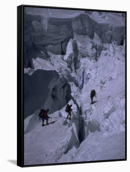 Climbers Crossing Ladder on Everest, Nepal-Michael Brown-Framed Stretched Canvas