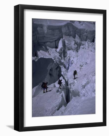 Climbers Crossing Ladder on Everest, Nepal-Michael Brown-Framed Photographic Print