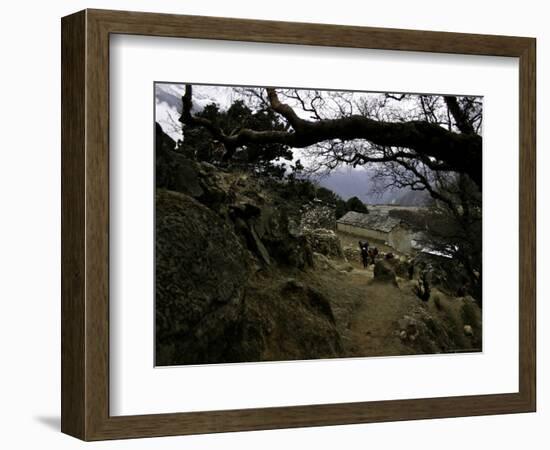 Climbers Hiking Through Small Mountain Village, Nepal-David D'angelo-Framed Photographic Print