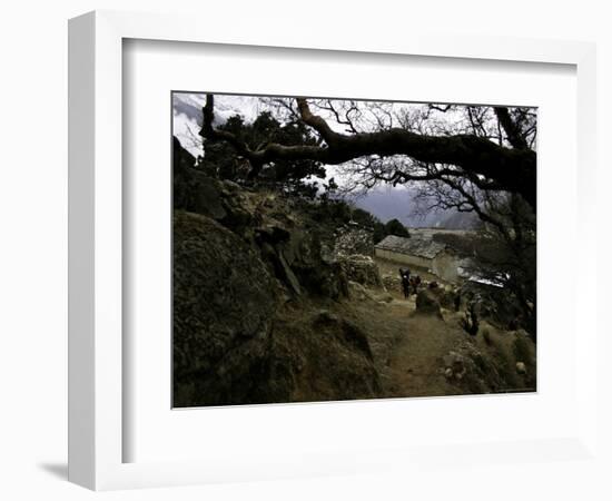 Climbers Hiking Through Small Mountain Village, Nepal-David D'angelo-Framed Photographic Print