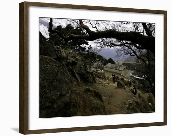 Climbers Hiking Through Small Mountain Village, Nepal-David D'angelo-Framed Photographic Print