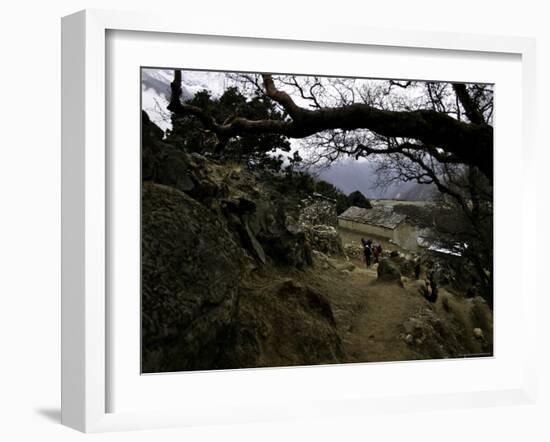 Climbers Hiking Through Small Mountain Village, Nepal-David D'angelo-Framed Photographic Print