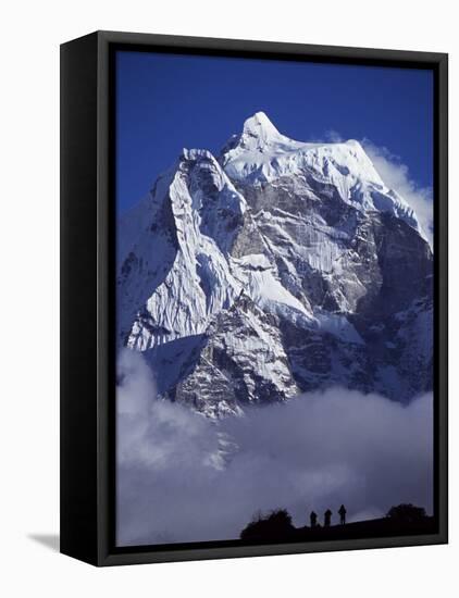 Climbers on Ridge in Dodh Koshir River Valley Photograph Himalayan Peak of Everest Range-Mark Hannaford-Framed Stretched Canvas