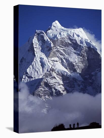 Climbers on Ridge in Dodh Koshir River Valley Photograph Himalayan Peak of Everest Range-Mark Hannaford-Stretched Canvas