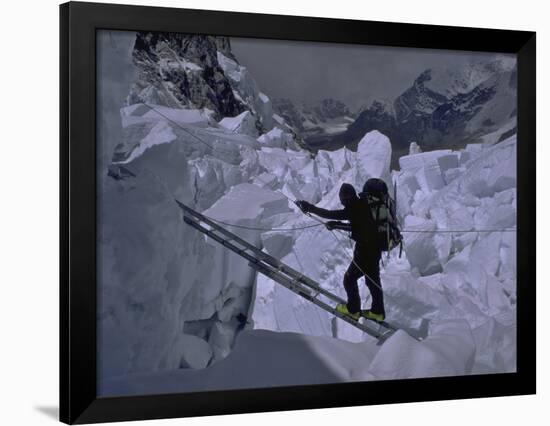 Climbing Across Ladder on Everest, Nepal-Michael Brown-Framed Premium Photographic Print