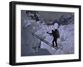 Climbing Across Ladder on Everest, Nepal-Michael Brown-Framed Photographic Print