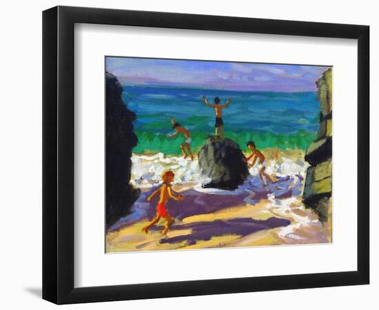 Climbing Rocks, Porthmeor Beach, St Ives, 2013-Andrew Macara-Framed Giclee Print