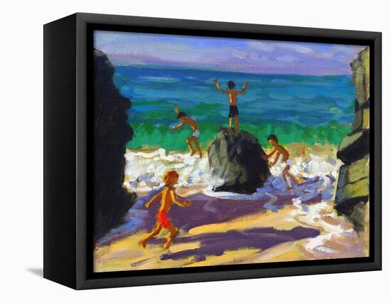 Climbing Rocks, Porthmeor Beach, St Ives, 2013-Andrew Macara-Framed Stretched Canvas