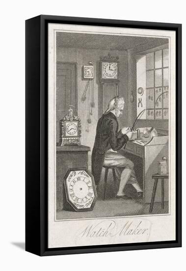 Clock and Watchmaker Seated at His Bench-null-Framed Stretched Canvas