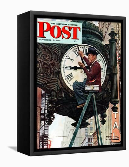 "Clock Repairman" Saturday Evening Post Cover, November 3,1945-Norman Rockwell-Framed Stretched Canvas