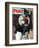 "Clock Repairman" Saturday Evening Post Cover, November 3,1945-Norman Rockwell-Framed Giclee Print