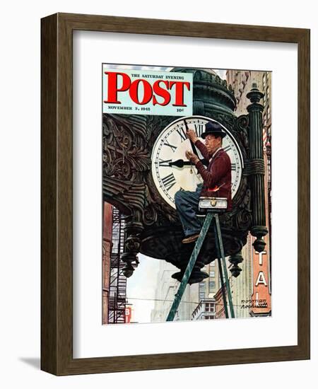 "Clock Repairman" Saturday Evening Post Cover, November 3,1945-Norman Rockwell-Framed Giclee Print