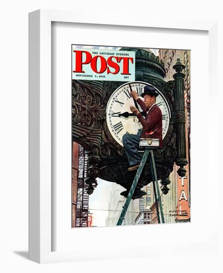 "Clock Repairman" Saturday Evening Post Cover, November 3,1945-Norman Rockwell-Framed Giclee Print