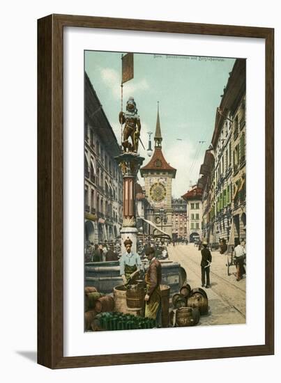 Clock Tower and Bear Monument in Bern, Switzerland-null-Framed Art Print