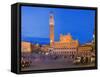 Clock Tower with a Palace in a City, Torre Del Mangia, Palazzo Pubblico, Piazza Del Campo, Siena...-null-Framed Stretched Canvas