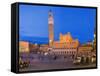 Clock Tower with a Palace in a City, Torre Del Mangia, Palazzo Pubblico, Piazza Del Campo, Siena...-null-Framed Stretched Canvas