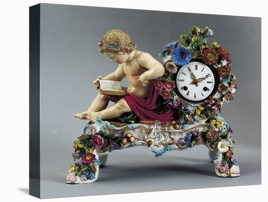 Clock with Case Decorated in Relief with Flowers and Figure, Porcelain-null-Stretched Canvas