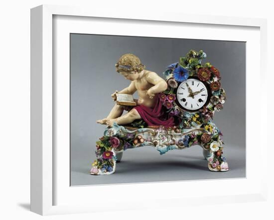Clock with Case Decorated in Relief with Flowers and Figure, Porcelain-null-Framed Giclee Print