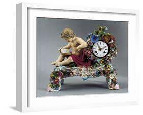 Clock with Case Decorated in Relief with Flowers and Figure, Porcelain-null-Framed Giclee Print