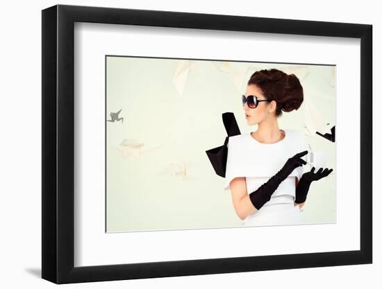 Close-Up Art Fashion Photo of a Gorgeous Woman in Paper Dress. Black and White.-prometeus-Framed Photographic Print