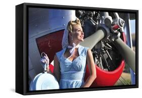 Close-Up of a 1940's Style Pin-Up Girl in Front of a Vintage F3F Biplane-null-Framed Stretched Canvas