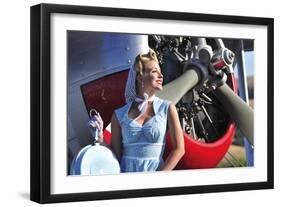 Close-Up of a 1940's Style Pin-Up Girl in Front of a Vintage F3F Biplane-null-Framed Photographic Print