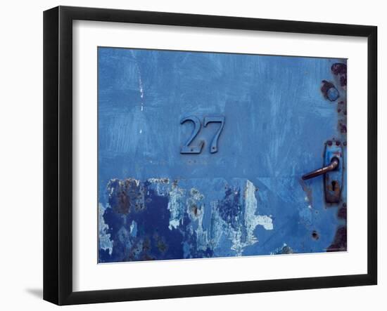 Close-up of a Blue Door with the Number Twenty Seven-null-Framed Photographic Print