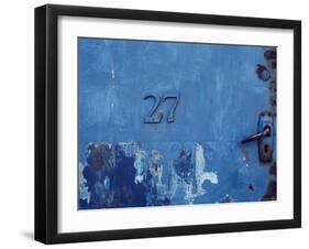 Close-up of a Blue Door with the Number Twenty Seven-null-Framed Photographic Print