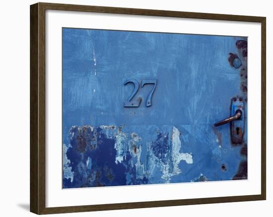 Close-up of a Blue Door with the Number Twenty Seven-null-Framed Photographic Print