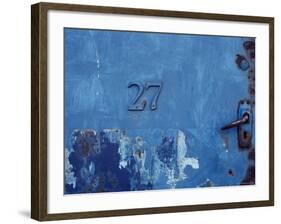 Close-up of a Blue Door with the Number Twenty Seven-null-Framed Photographic Print