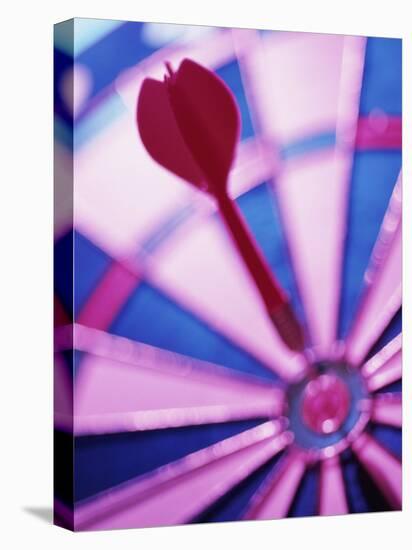 Close-up of a Dart in the Bull's-Eye of a Dartboard-null-Stretched Canvas