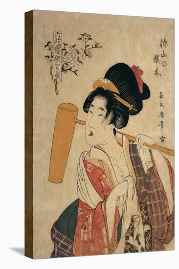 Close-Up of a Young Woman with a Wooden Pestle on Her Shoulder-null-Stretched Canvas