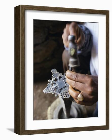 Close-Up of Blacksmith's Hands Working on Metal Cross, Axoum (Axum) (Aksum), Tigre Region, Ethiopia-Bruno Barbier-Framed Photographic Print