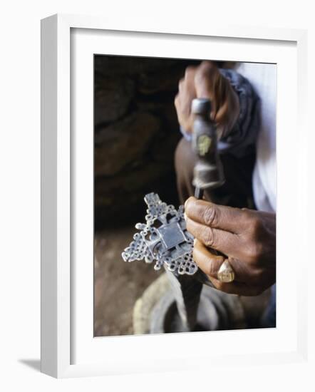 Close-Up of Blacksmith's Hands Working on Metal Cross, Axoum (Axum) (Aksum), Tigre Region, Ethiopia-Bruno Barbier-Framed Photographic Print