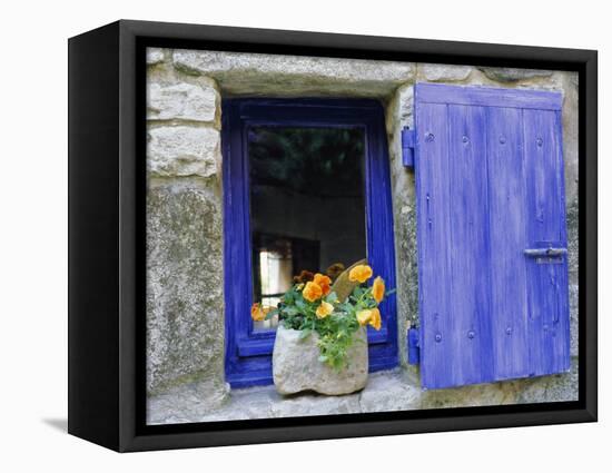 Close-Up of Blue Shutter, Window and Yellow Pansies, Villefranche Sur Mer, Provence, France-Bruno Morandi-Framed Stretched Canvas