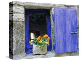 Close-Up of Blue Shutter, Window and Yellow Pansies, Villefranche Sur Mer, Provence, France-Bruno Morandi-Stretched Canvas