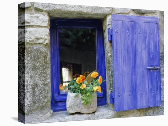 Close-Up of Blue Shutter, Window and Yellow Pansies, Villefranche Sur Mer, Provence, France-Bruno Morandi-Stretched Canvas