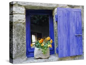 Close-Up of Blue Shutter, Window and Yellow Pansies, Villefranche Sur Mer, Provence, France-Bruno Morandi-Stretched Canvas