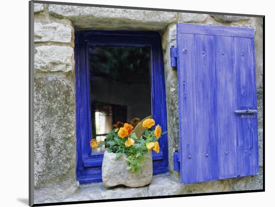 Close-Up of Blue Shutter, Window and Yellow Pansies, Villefranche Sur Mer, Provence, France-Bruno Morandi-Mounted Photographic Print
