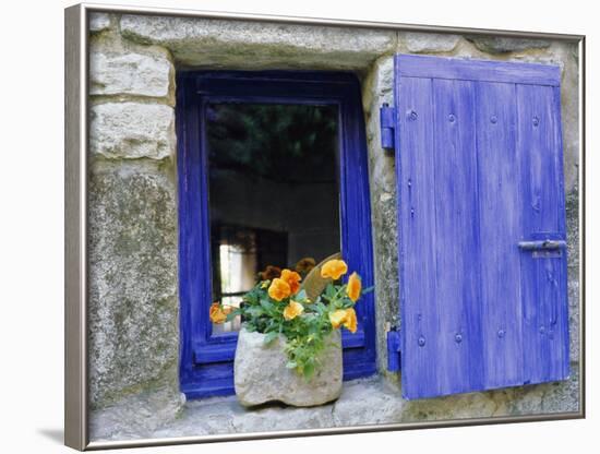 Close-Up of Blue Shutter, Window and Yellow Pansies, Villefranche Sur Mer, Provence, France-Bruno Morandi-Framed Photographic Print