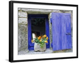 Close-Up of Blue Shutter, Window and Yellow Pansies, Villefranche Sur Mer, Provence, France-Bruno Morandi-Framed Photographic Print