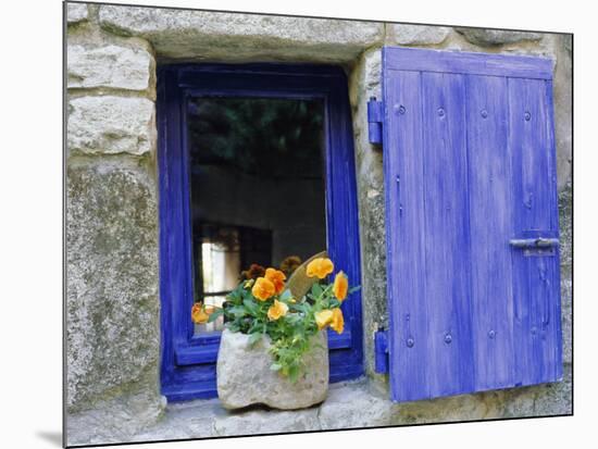 Close-Up of Blue Shutter, Window and Yellow Pansies, Villefranche Sur Mer, Provence, France-Bruno Morandi-Mounted Photographic Print