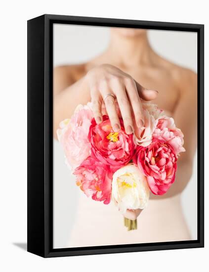 Close Up of Bride with Bouquet of Flowers and Wedding Ring-dolgachov-Framed Stretched Canvas