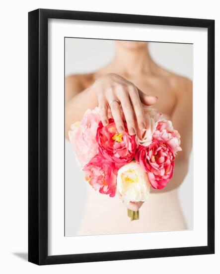 Close Up of Bride with Bouquet of Flowers and Wedding Ring-dolgachov-Framed Photographic Print