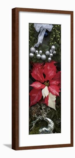 Close-up of Christmas ornaments and Poinsettia flowers-Panoramic Images-Framed Photographic Print