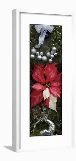Close-up of Christmas ornaments and Poinsettia flowers-Panoramic Images-Framed Photographic Print
