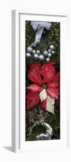 Close-up of Christmas ornaments and Poinsettia flowers-Panoramic Images-Framed Photographic Print