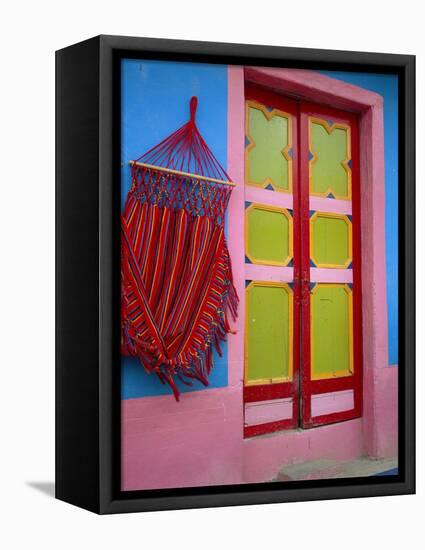 Close-up of Doorway and Hammock, Raquira, Boyaca Region, Columbia, South America-D Mace-Framed Stretched Canvas