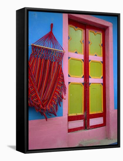 Close-up of Doorway and Hammock, Raquira, Boyaca Region, Columbia, South America-D Mace-Framed Stretched Canvas